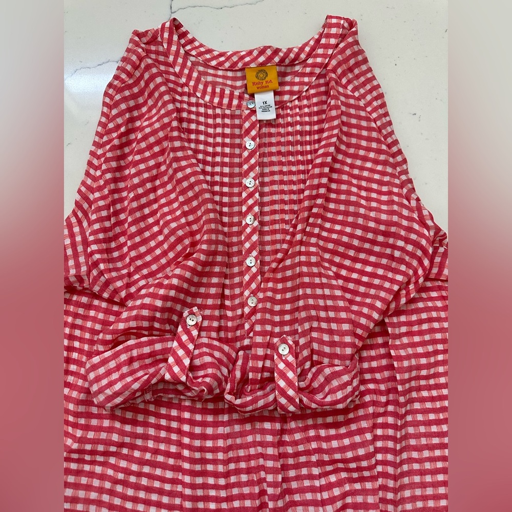 Ruby Rd. Coral Gingham Blouse - Picture 5 of 5